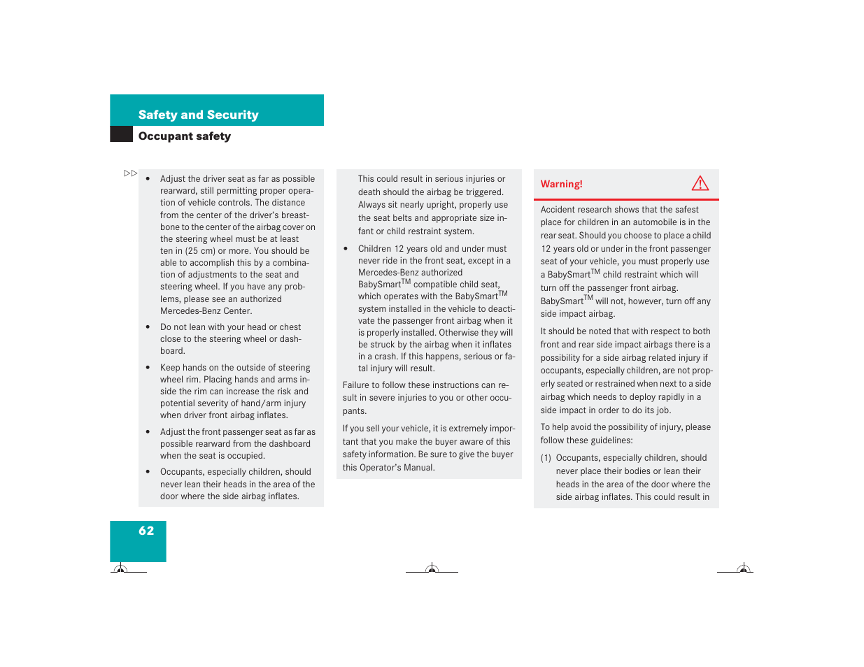 62 safety and security | Mercedes-Benz CL-Class 2004 Owners Manual User Manual | Page 63 / 418