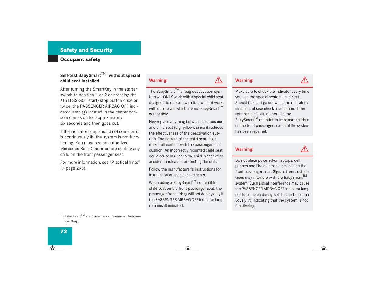 72 safety and security | Mercedes-Benz CL-Class 2004 Owners Manual User Manual | Page 73 / 418