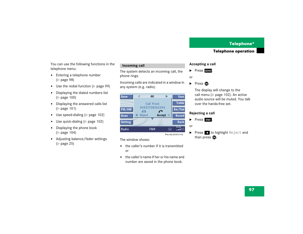 97 telephone | Mercedes-Benz S-Class 2004 COMAND Manual User Manual | Page 106 / 227