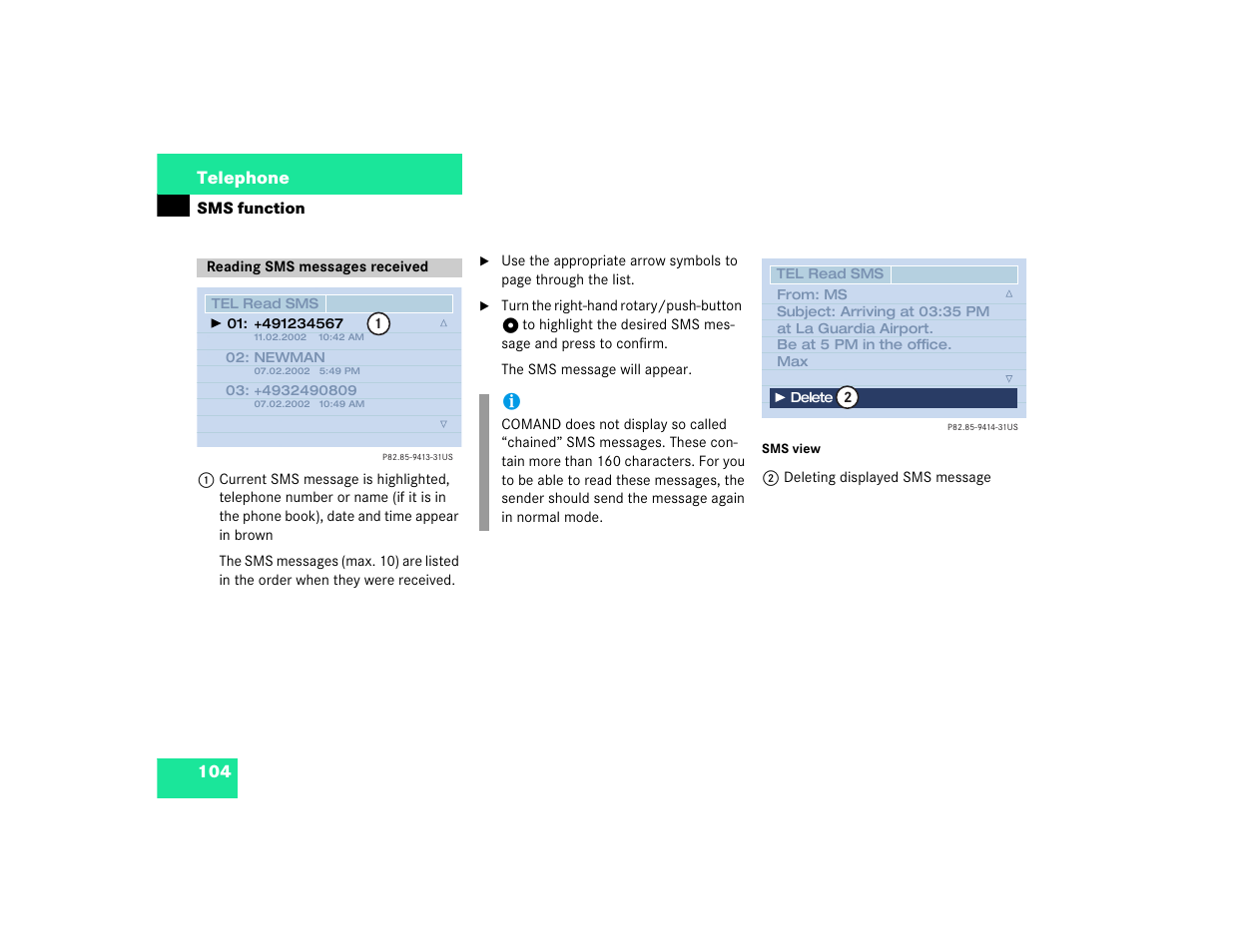 104 telephone | Mercedes-Benz CL-Class 2003 COMAND Manual User Manual | Page 112 / 225