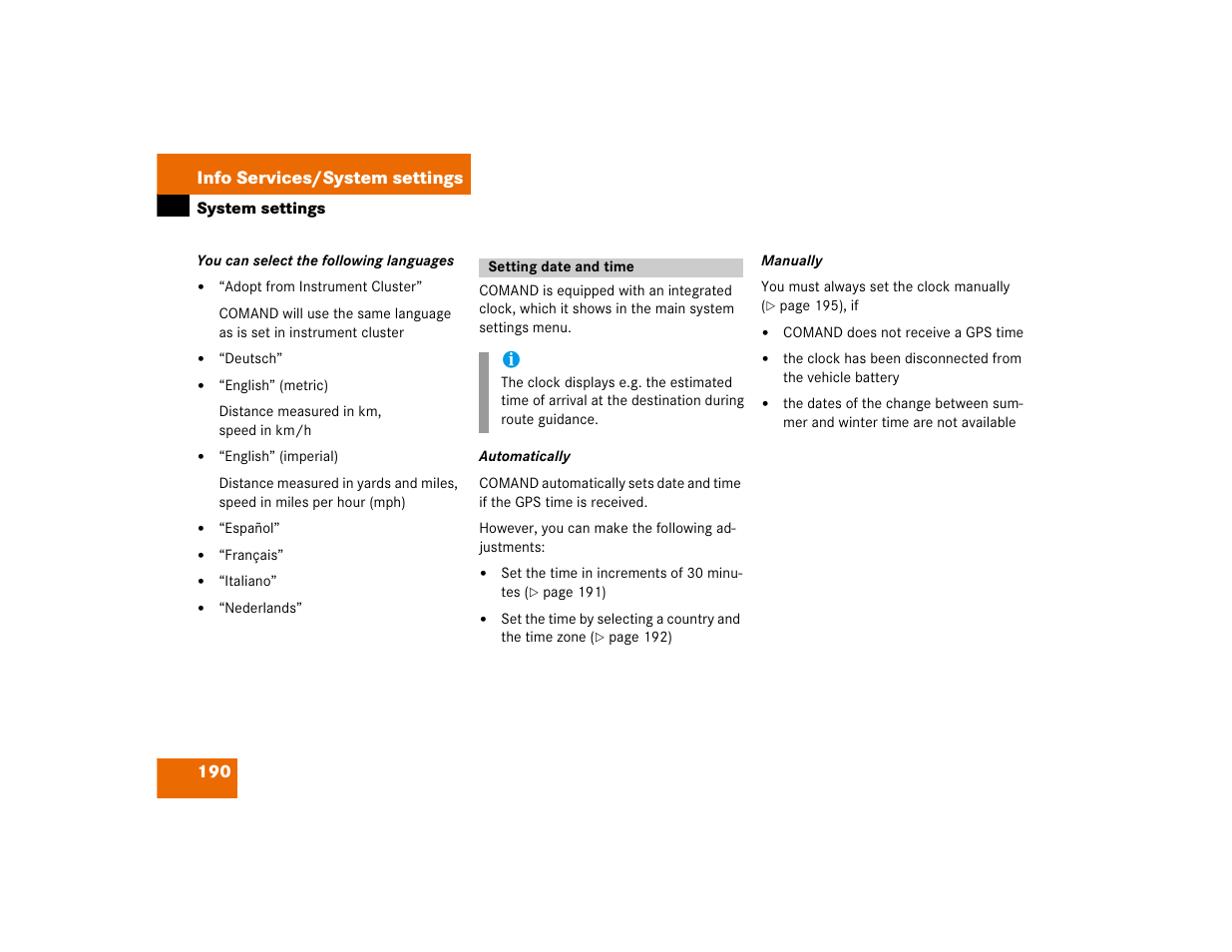 190 info services/system settings | Mercedes-Benz CL-Class 2003 COMAND Manual User Manual | Page 198 / 225