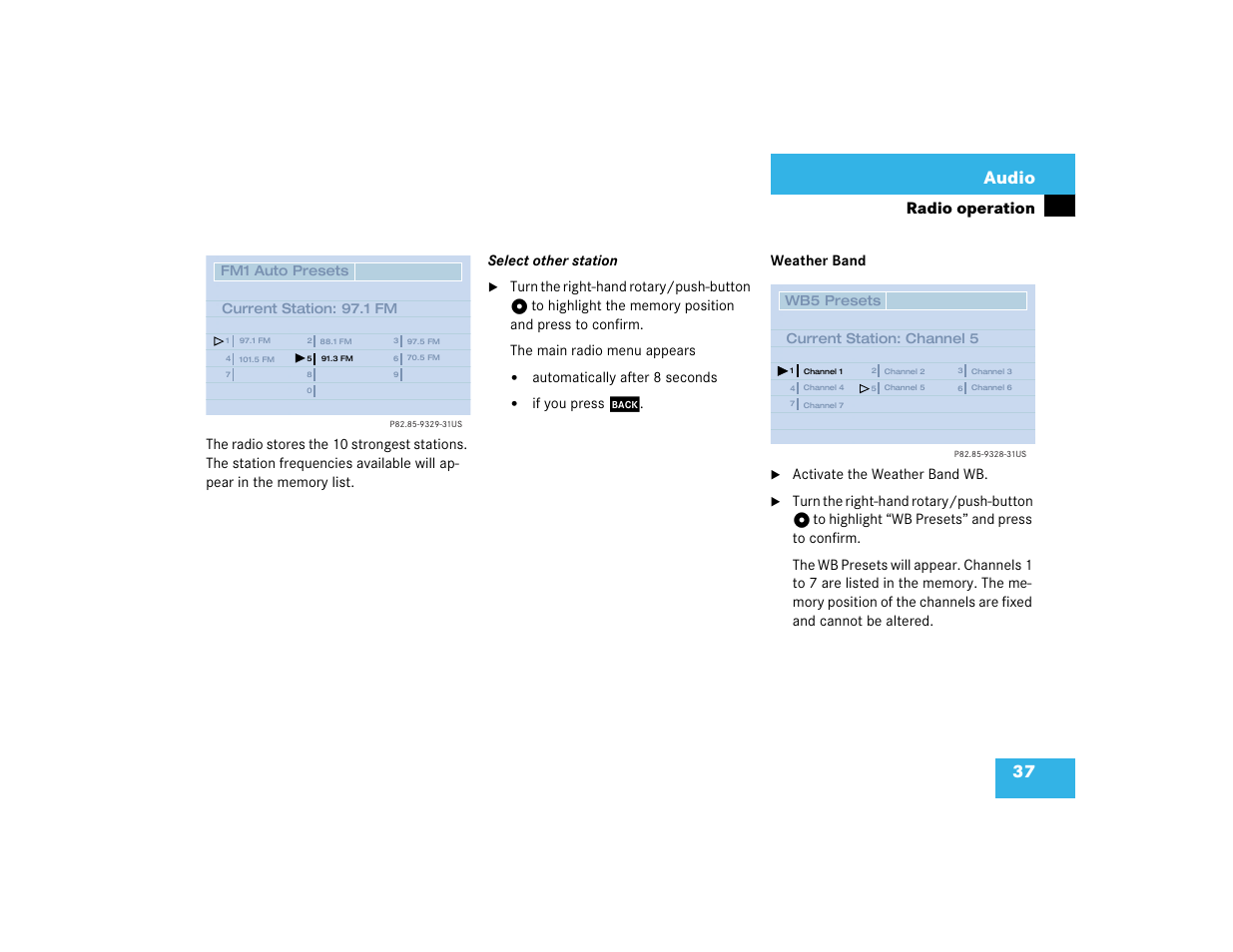 37 audio, Radio operation | Mercedes-Benz CL-Class 2003 COMAND Manual User Manual | Page 45 / 225