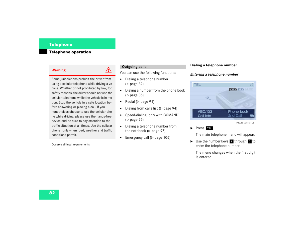 82 telephone | Mercedes-Benz CL-Class 2003 COMAND Manual User Manual | Page 90 / 225