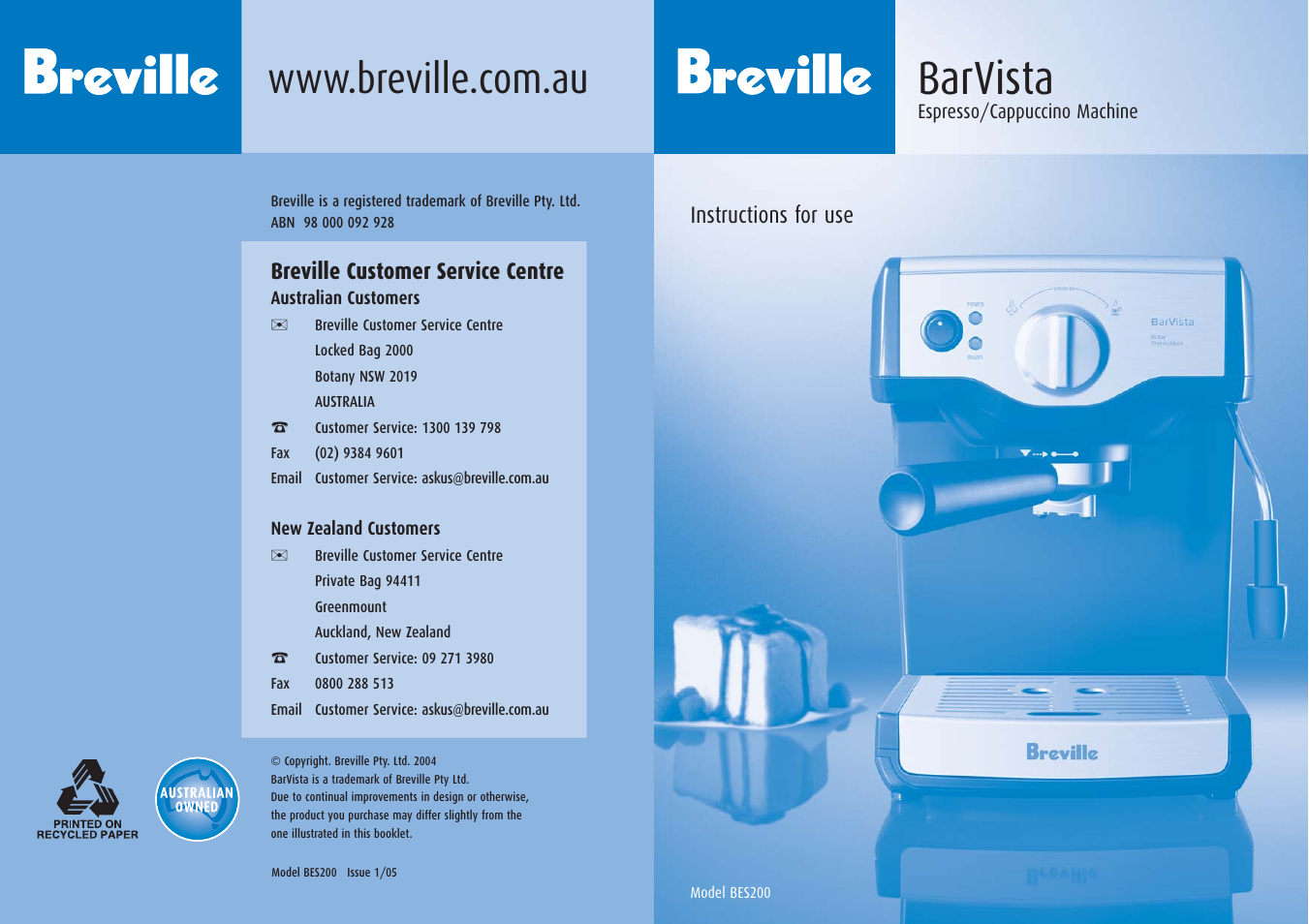 Breville BES200 User Manual | 8 pages