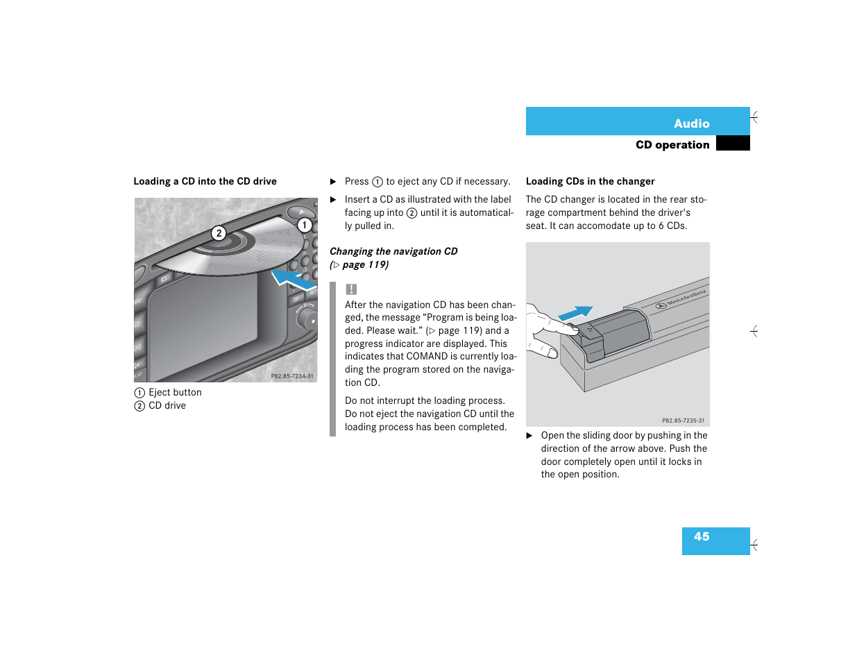 45 audio, Cd operation | Mercedes-Benz SL-Class 2003 COMAND Manual User Manual | Page 53 / 226