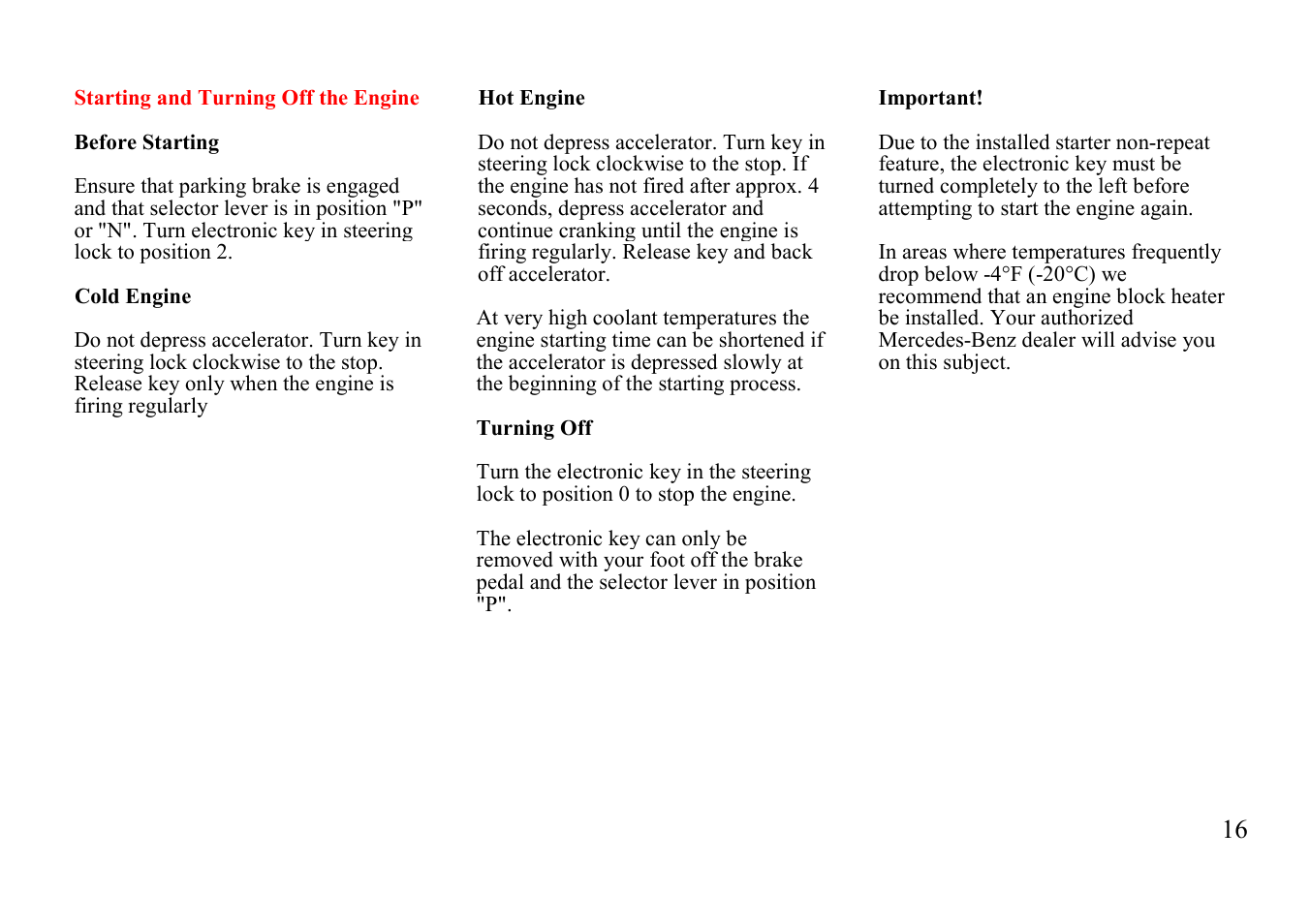 Starting and turning off, Gasoline engine | Mercedes-Benz E 320 1996 Owners Manual User Manual | Page 16 / 25