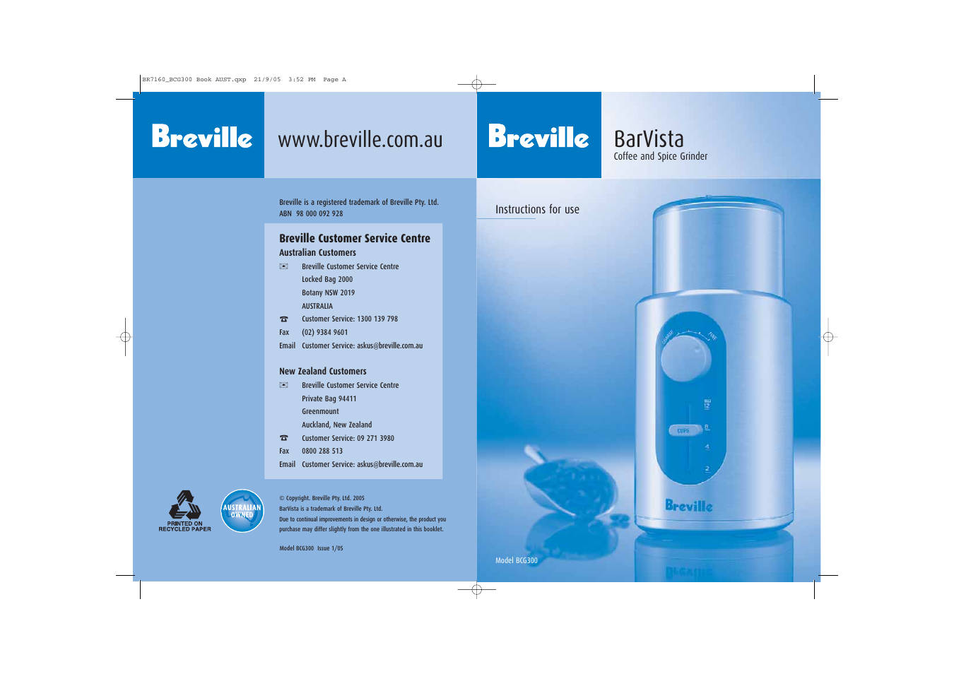 Breville BCG300 User Manual | 6 pages