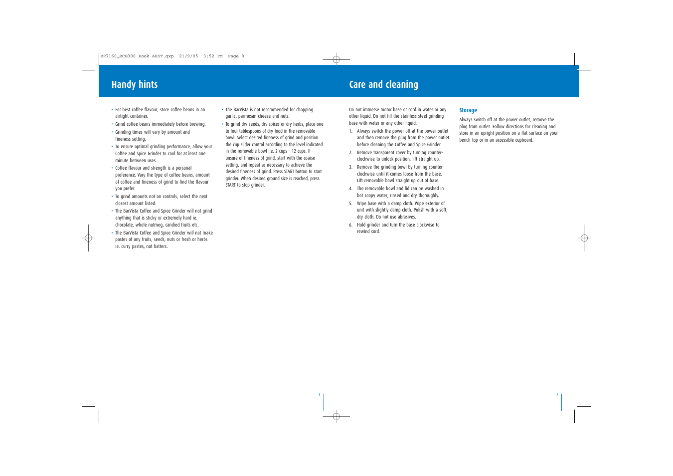 Care and cleaning, Handy hints | Breville BCG300 User Manual | Page 5 / 6