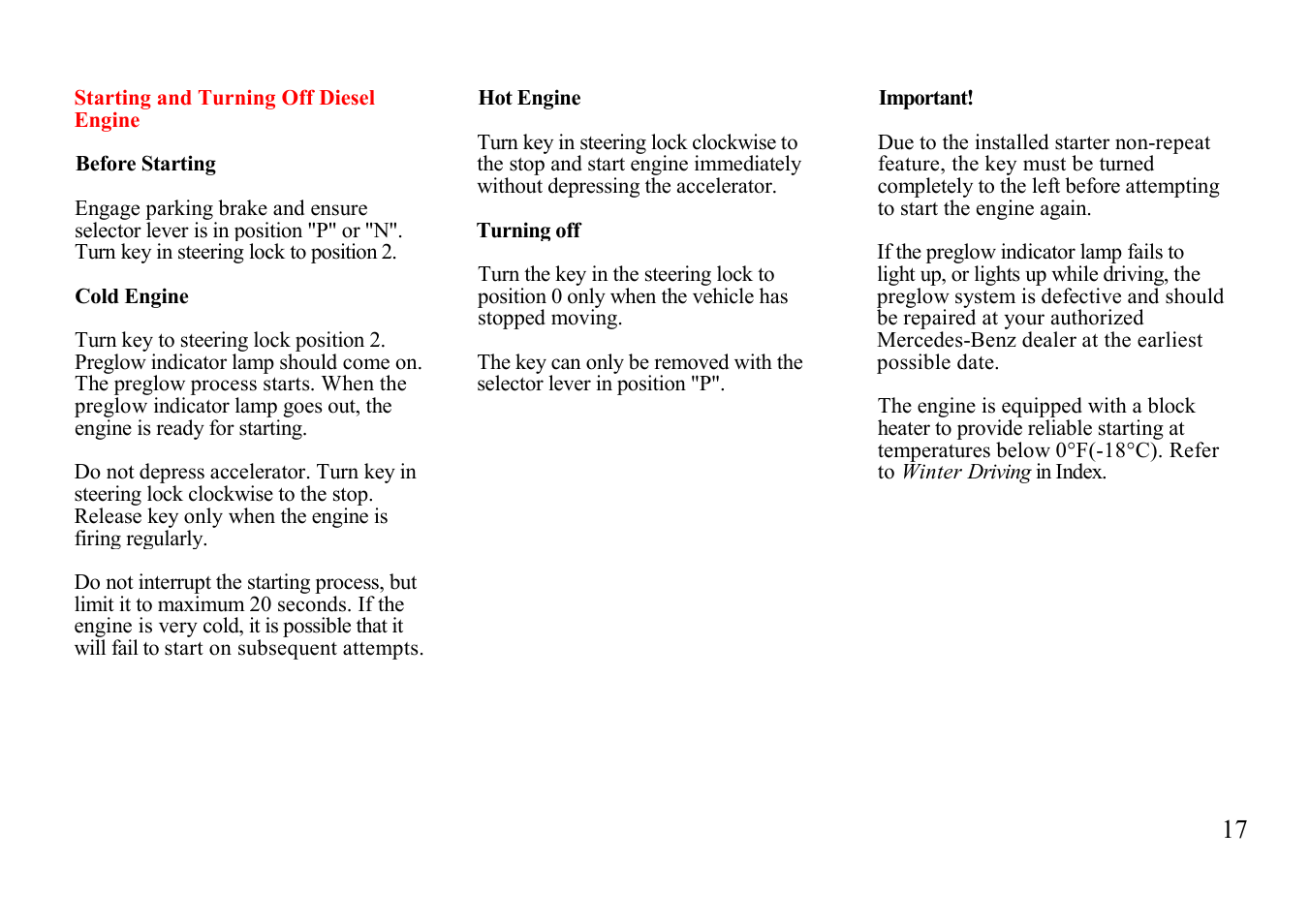 Diesel engine | Mercedes-Benz E-class 1997 Owners Manual User Manual | Page 17 / 25