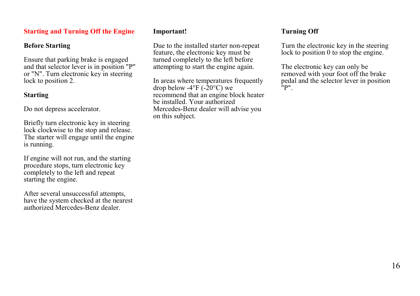 Starting and turning off gasoline engine | Mercedes-Benz E-class 1999 Owners Manual User Manual | Page 16 / 20