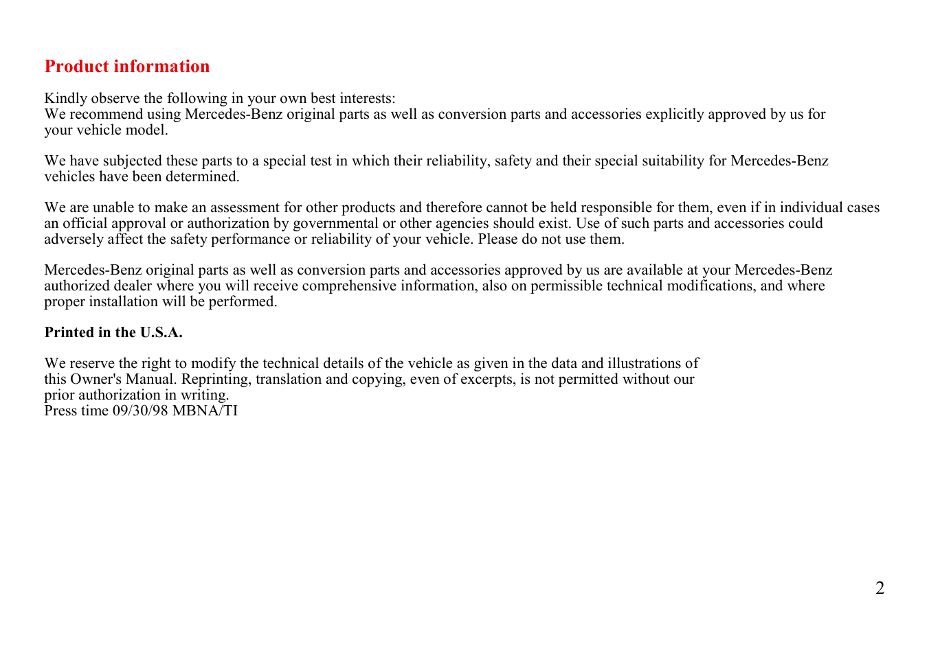 2product information | Mercedes-Benz E-class 1999 Owners Manual User Manual | Page 2 / 20