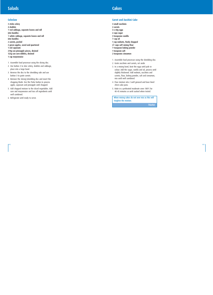 Cakes, Salads, Carrot and zucchini cake | Coleslaw | Breville BBL500 User Manual | Page 17 / 19