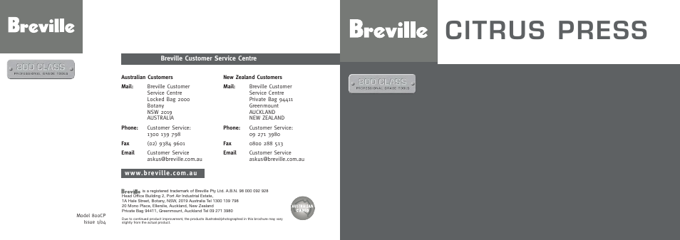 Breville 800CP User Manual | 10 pages