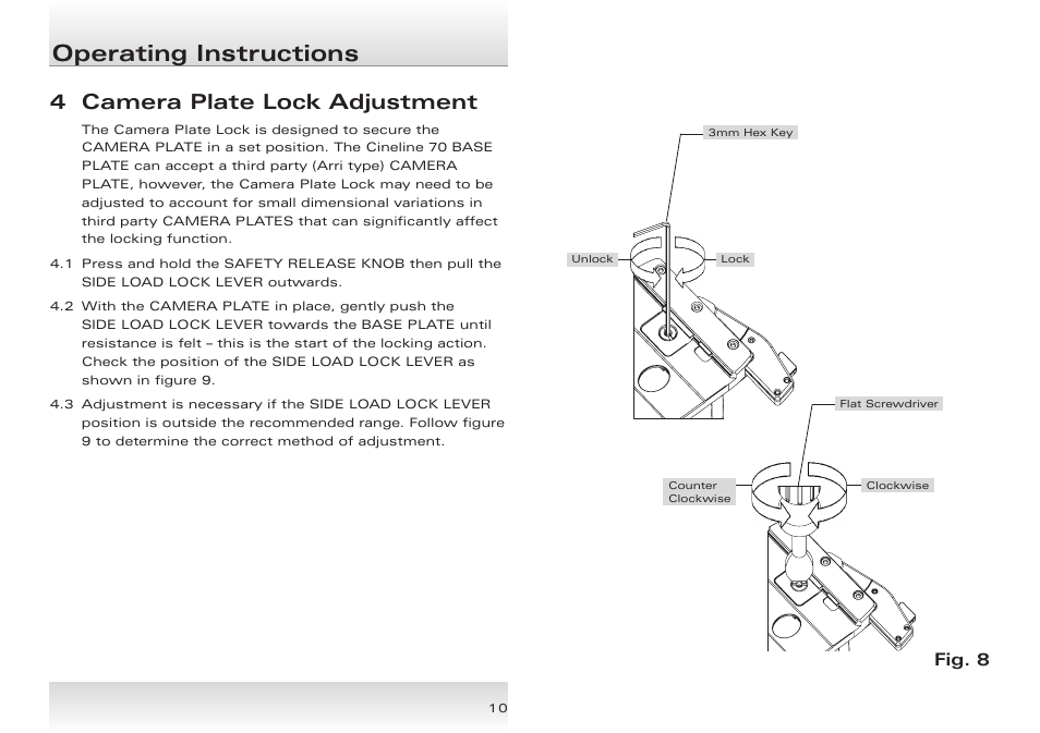 Operating instructions, 4 camera plate lock adjustment, Fig. 8 | Miller Cineline 70 User Manual | Page 10 / 16