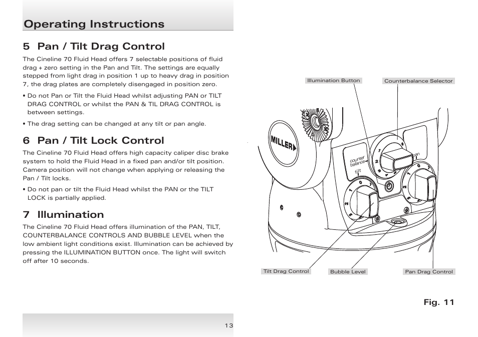 Operating instructions, 5 pan / tilt drag control, 6 pan / tilt lock control | 7 illumination, Fig. 11 | Miller Cineline 70 User Manual | Page 13 / 16