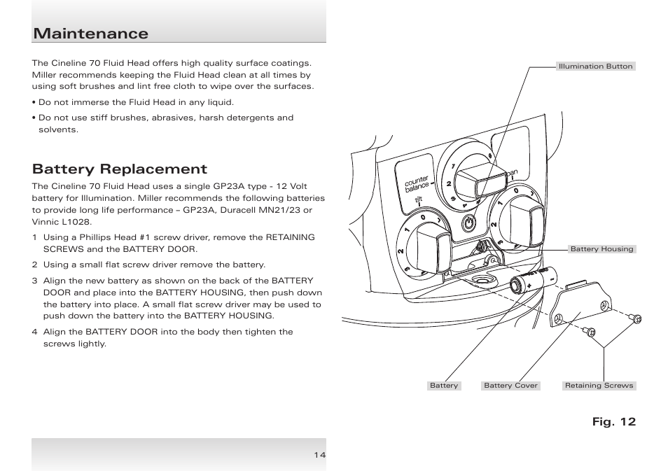 Maintenance, Battery replacement, Fig. 12 | Miller Cineline 70 User Manual | Page 14 / 16