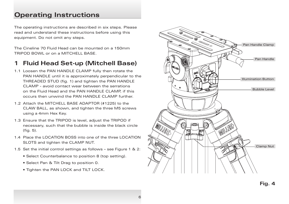 Operating instructions, 1 fluid head set-up (mitchell base), Fig. 4 | Miller Cineline 70 User Manual | Page 6 / 16