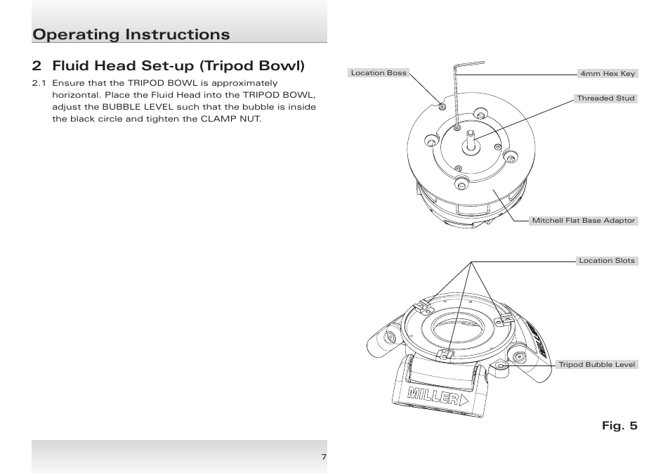 Operating instructions, 2 fluid head set-up (tripod bowl), Fig. 5 | Miller Cineline 70 User Manual | Page 7 / 16