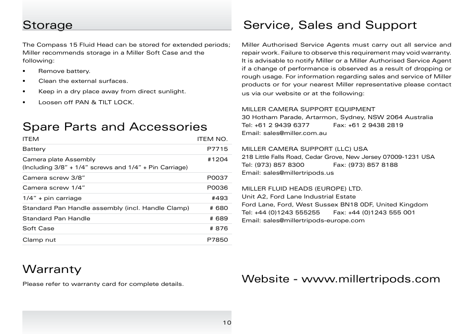 Spare parts and accessories, Warranty, Storage service, sales and support | Miller Compass 15 User Manual | Page 11 / 12