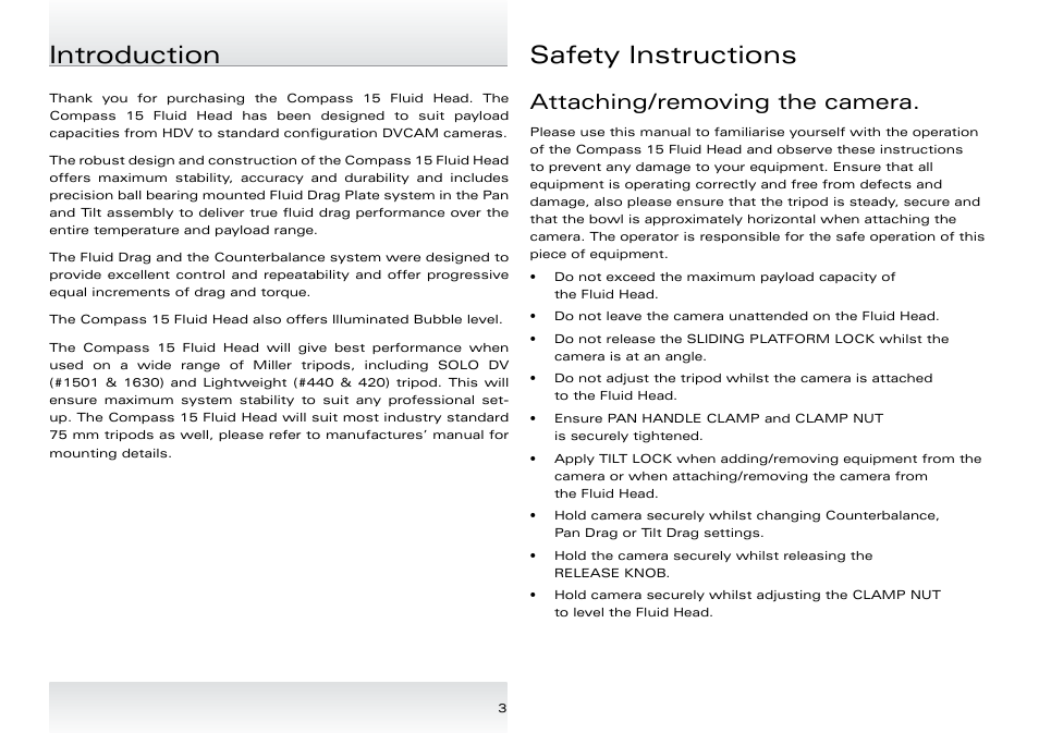 Introduction safety instructions, Attaching/removing the camera | Miller Compass 15 User Manual | Page 4 / 12