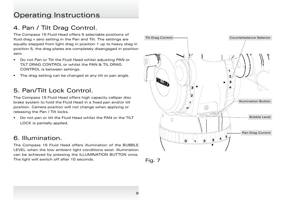 Operating instructions, Pan / tilt drag control, Pan/tilt lock control | Illumination | Miller Compass 15 User Manual | Page 9 / 12