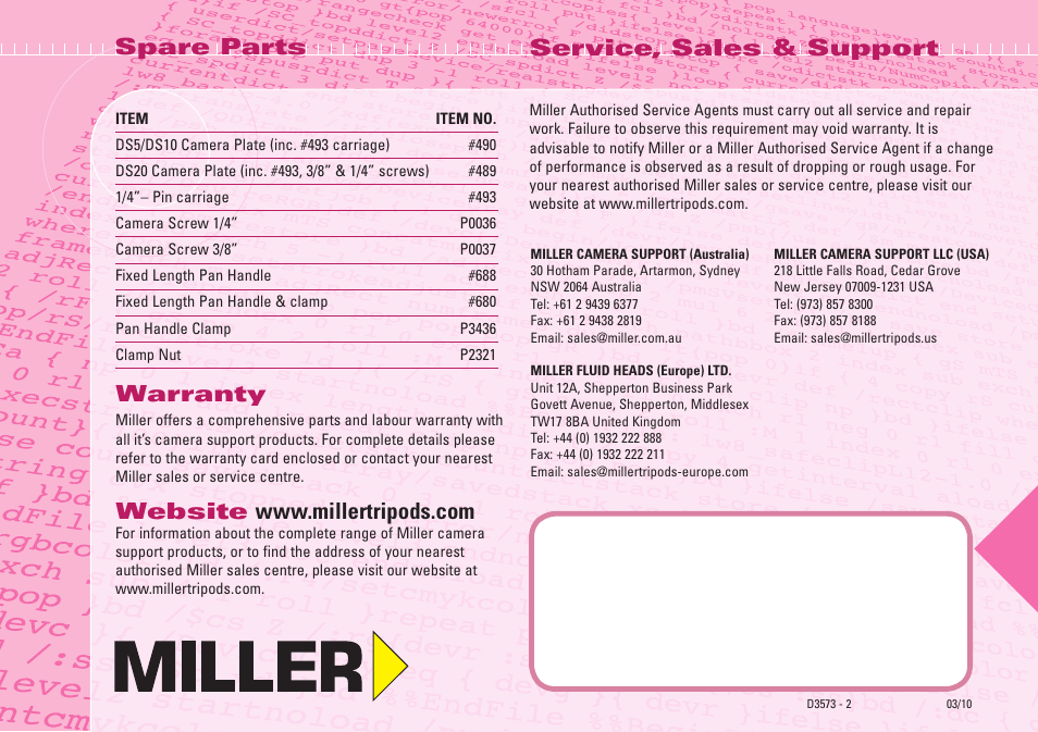 Warranty, Website, Service, sales & support | Spare parts | Miller DS20 User Manual | Page 8 / 8