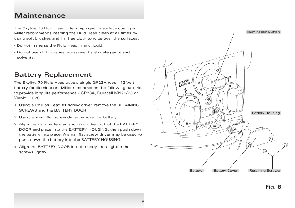Maintenance, Battery replacement, Fig. 8 | Miller Skyline 70 User Manual | Page 10 / 12
