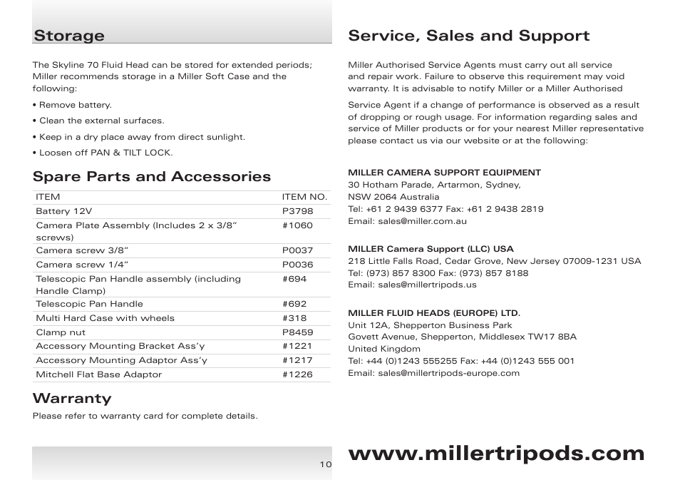 Storage service, sales and support, Spare parts and accessories, Warranty | Miller Skyline 70 User Manual | Page 11 / 12