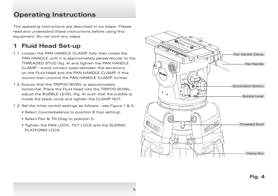 Operating instructions, 1 fluid head set-up, Fig. 4 | Miller Skyline 70 User Manual | Page 6 / 12