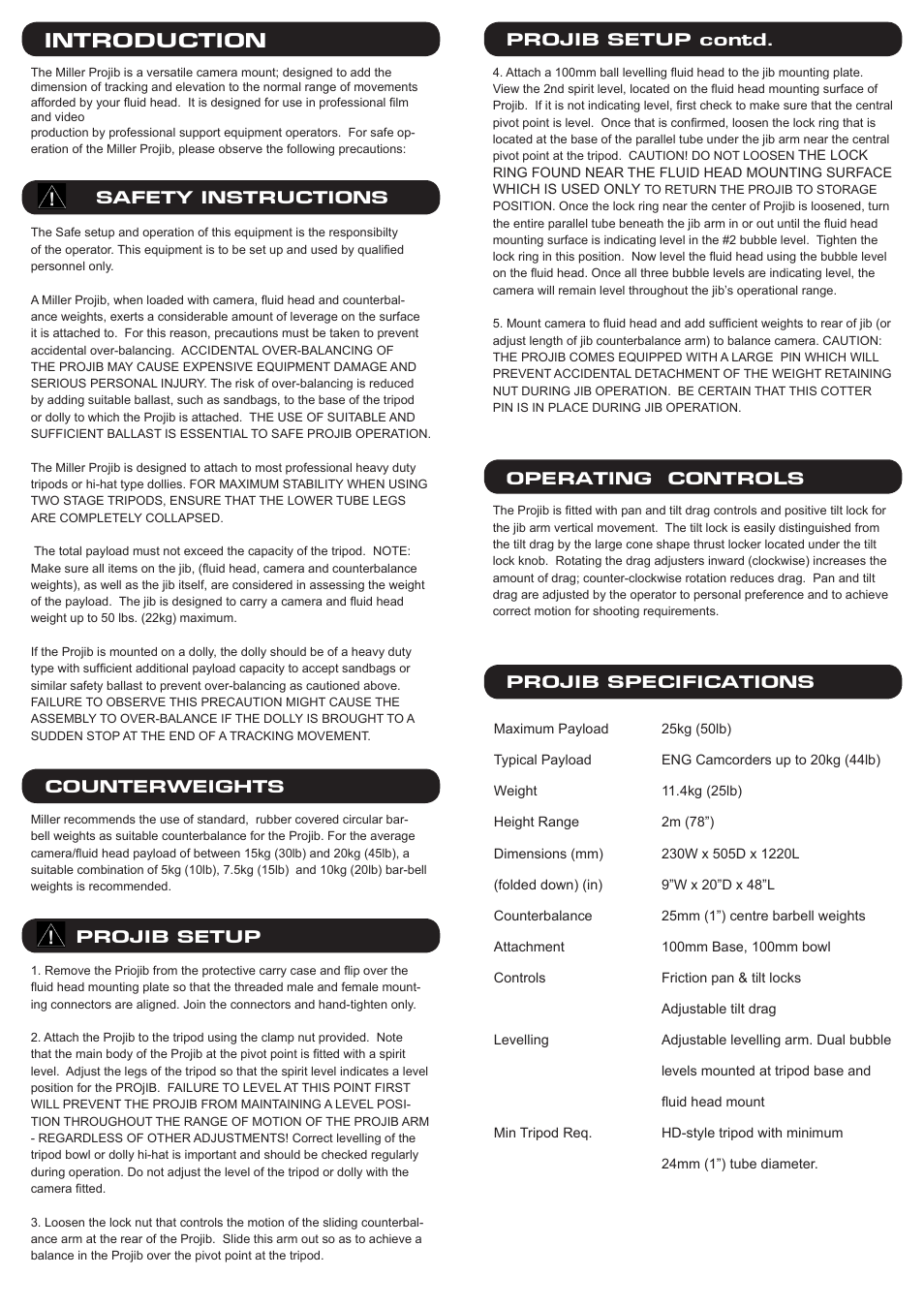Introduction, Operating controls projib specifications, Counterweights | Miller Projib User Manual | Page 2 / 2