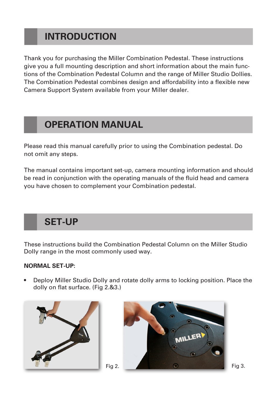 Introduction, Operation manual, Set-up | Miller Combination Pedestal User Manual | Page 3 / 8