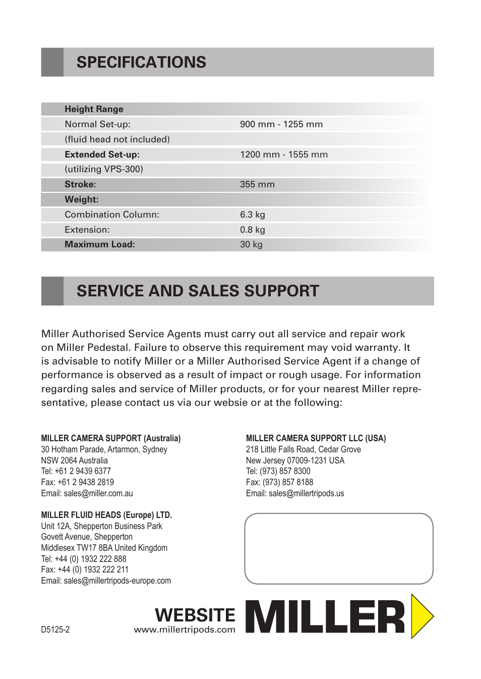 Website, Specifications service and sales support | Miller Combination Pedestal User Manual | Page 8 / 8