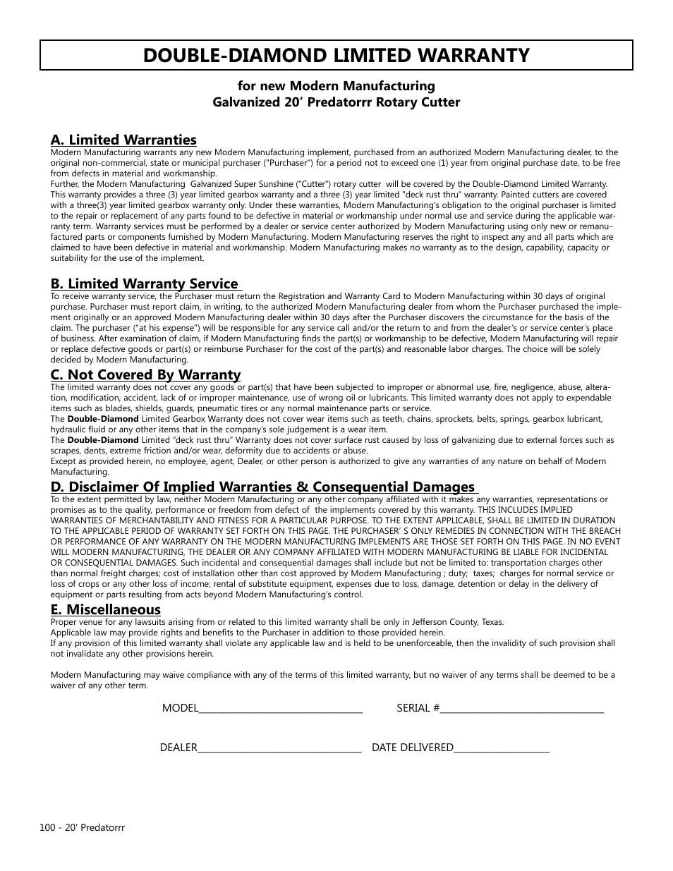 Double-diamond limited warranty, A. limited warranties, B. limited warranty service | C. not covered by warranty, E. miscellaneous | Modern AG 20' Predator User Manual | Page 100 / 101