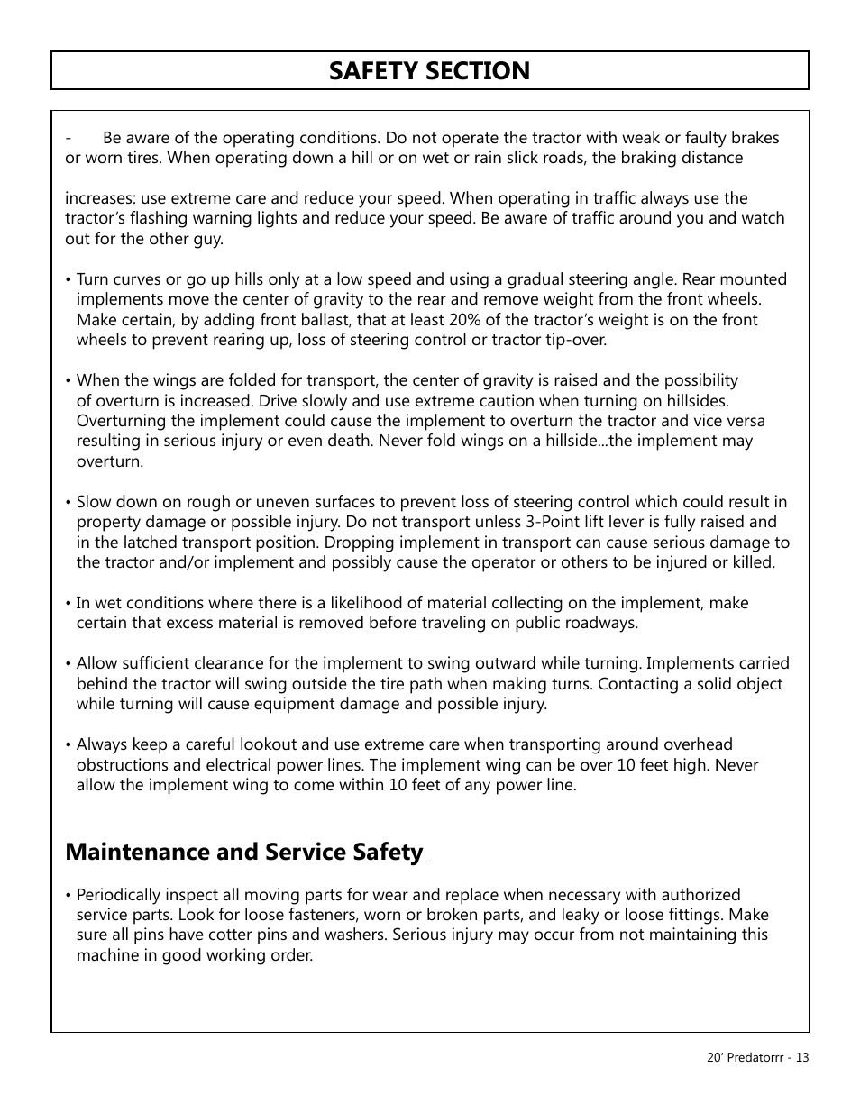 Maintenance and service safety | Modern AG 20' Predator User Manual | Page 13 / 101