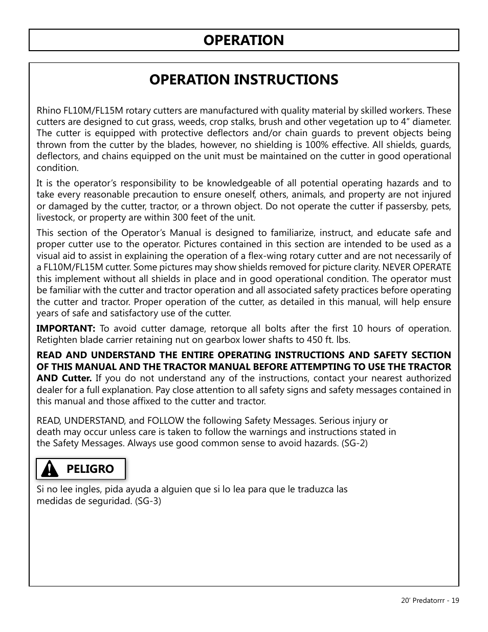 Operation operation instructions | Modern AG 20' Predator User Manual | Page 19 / 101