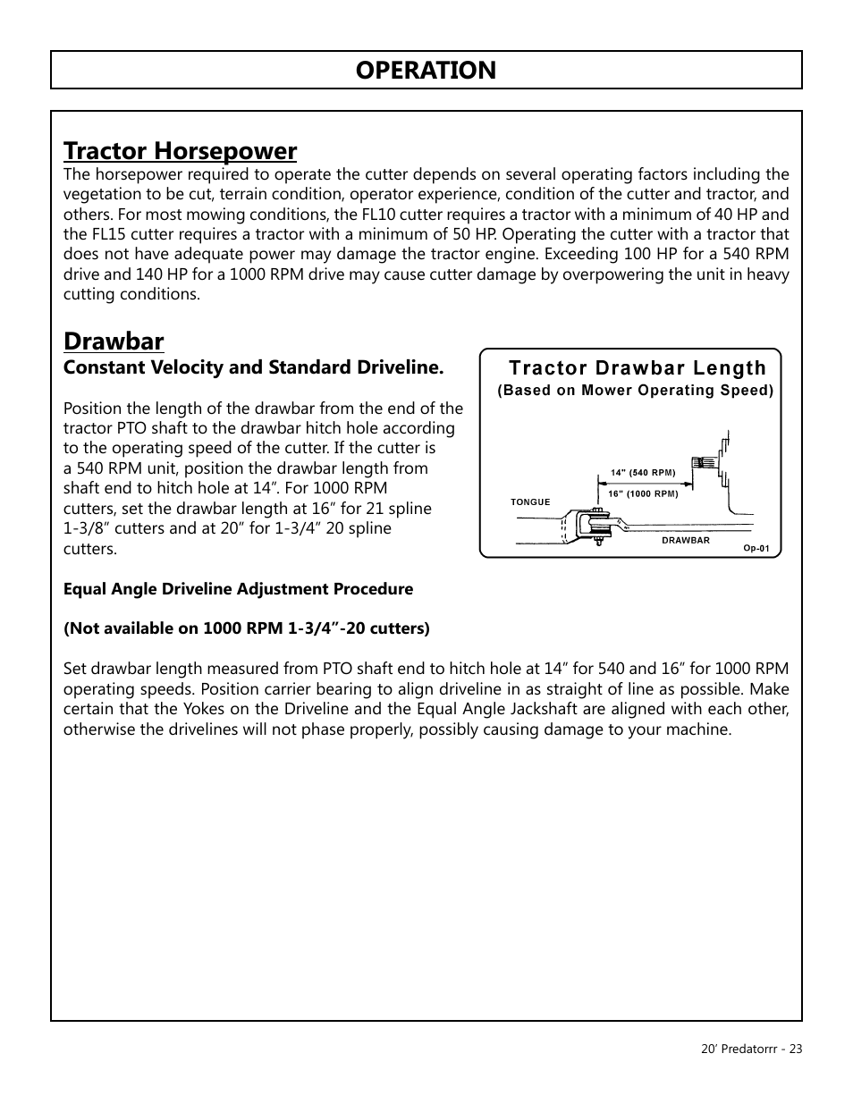 Operation tractor horsepower, Drawbar, Operation | Opera tion | Modern AG 20' Predator User Manual | Page 23 / 101