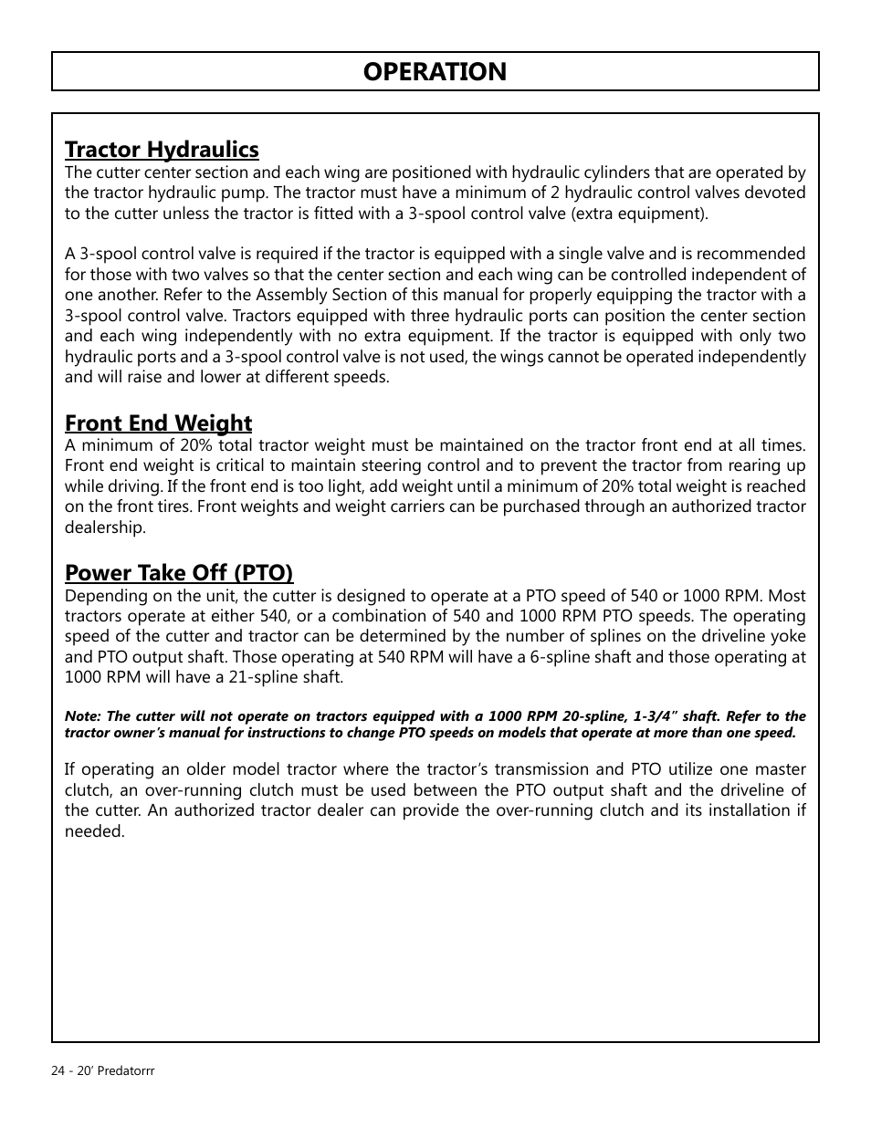 Operation, Tractor hydraulics, Front end weight | Power take off (pto) | Modern AG 20' Predator User Manual | Page 24 / 101