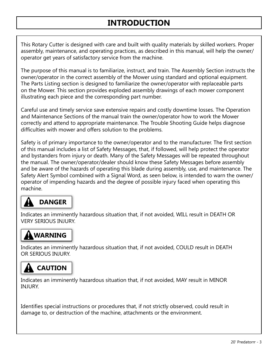 Introduction, Caution warning danger | Modern AG 20' Predator User Manual | Page 3 / 101