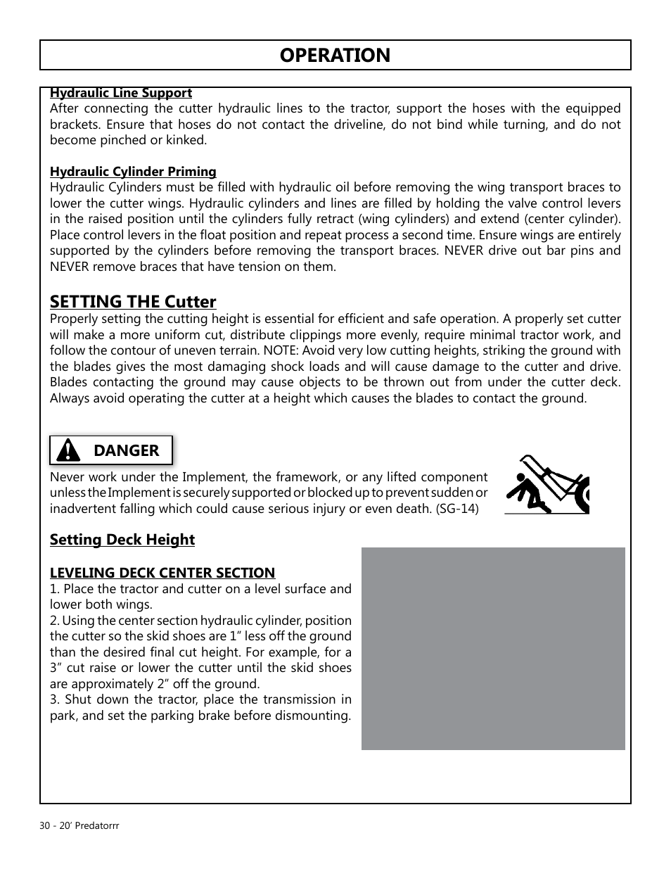 Operation, Opera tion, Setting the cutter | Danger, Setting deck height, Setting the mower | Modern AG 20' Predator User Manual | Page 30 / 101