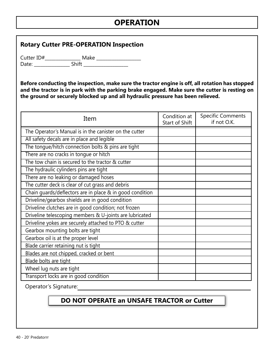 Operation | Modern AG 20' Predator User Manual | Page 40 / 101