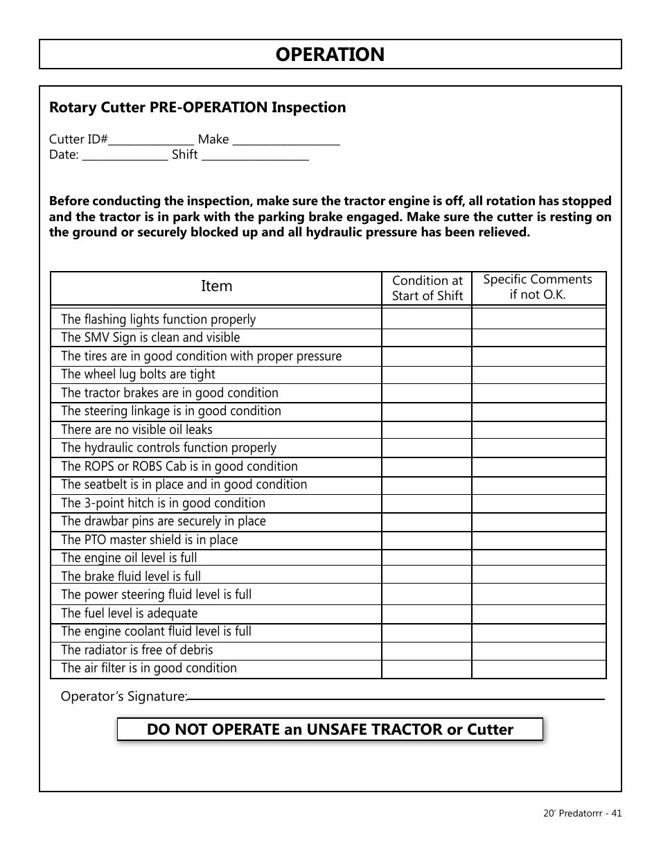 Operation | Modern AG 20' Predator User Manual | Page 41 / 101