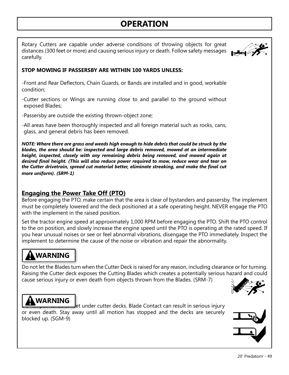 Operation, Opera tion, Warning | Engaging the power take off (pto) | Modern AG 20' Predator User Manual | Page 49 / 101