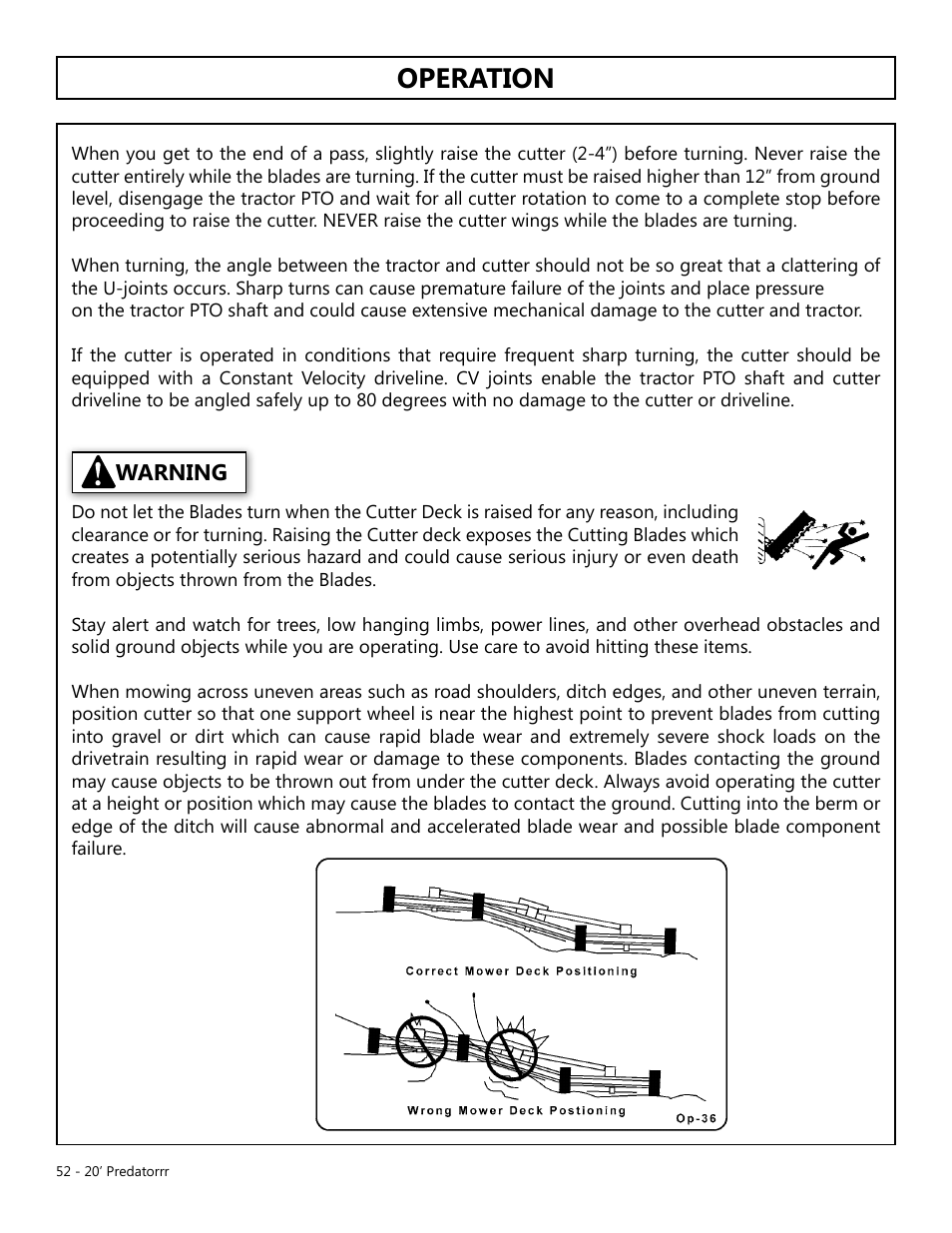 Operation, Opera tion, Warning | Modern AG 20' Predator User Manual | Page 52 / 101