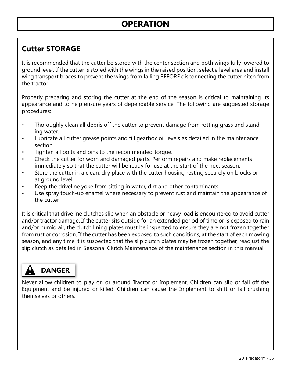 Operation, Cutter storage, Danger | Modern AG 20' Predator User Manual | Page 55 / 101