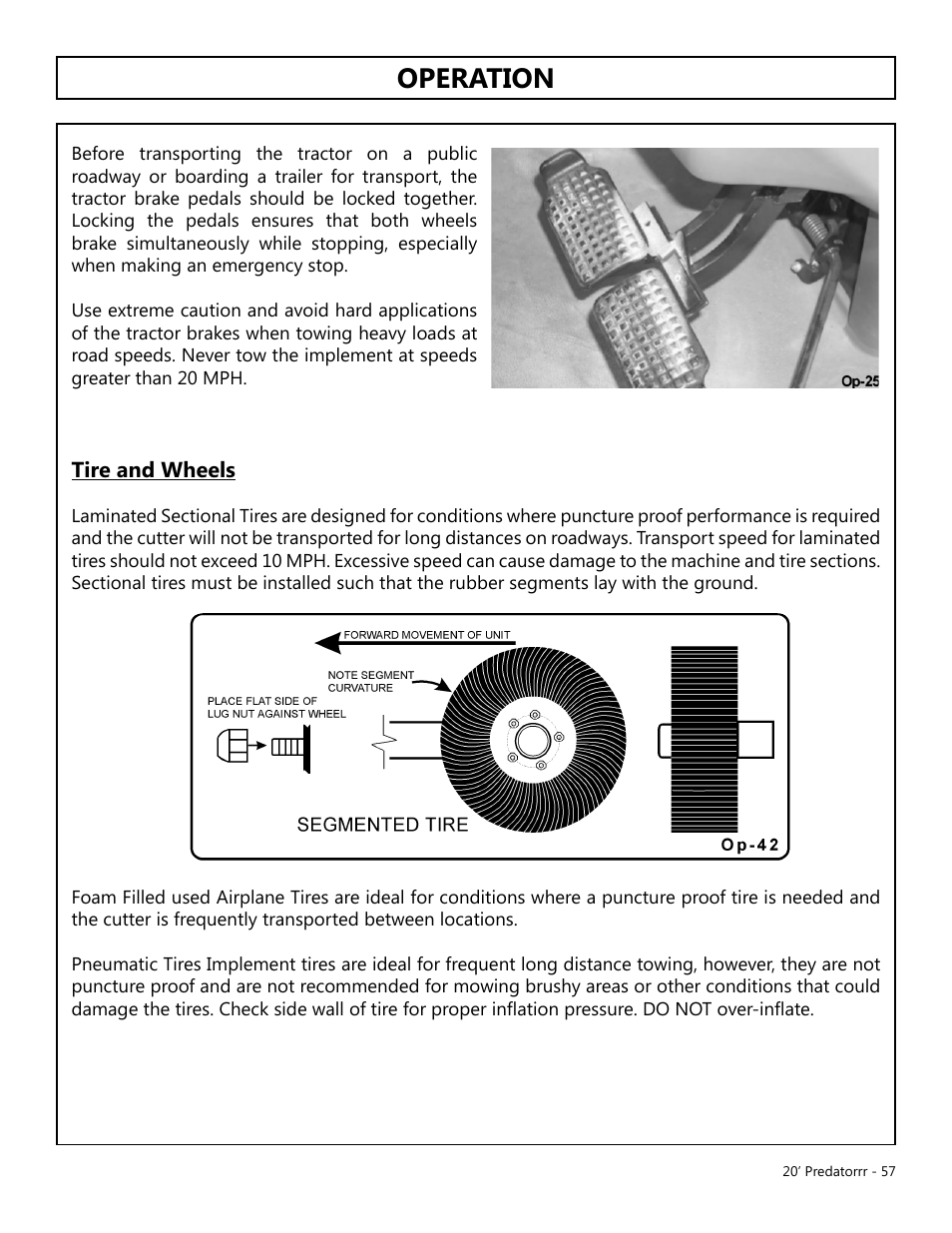 Operation, Opera tion, Tire and wheels | Modern AG 20' Predator User Manual | Page 57 / 101