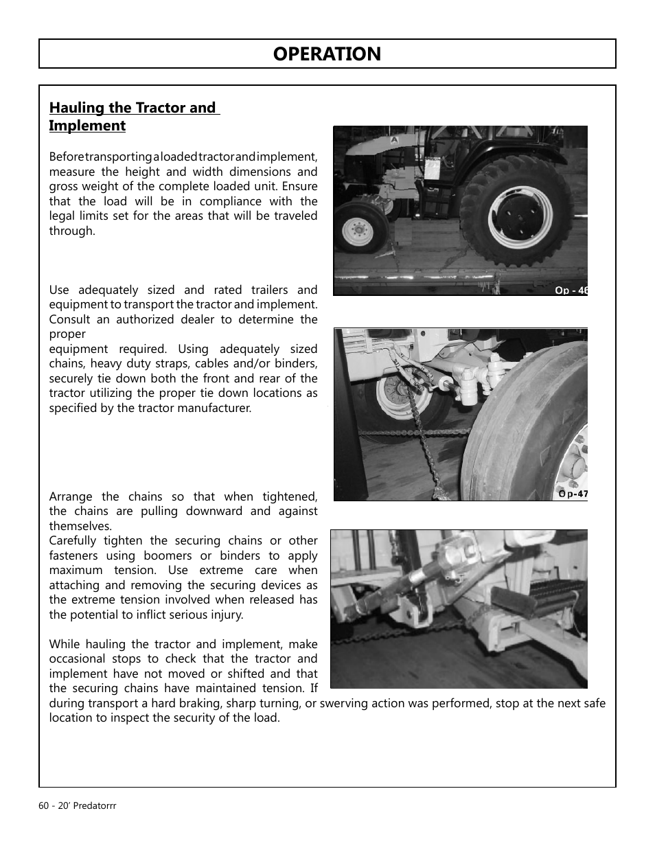 Operation, Opera tion, Hauling the tractor and implement | Modern AG 20' Predator User Manual | Page 60 / 101