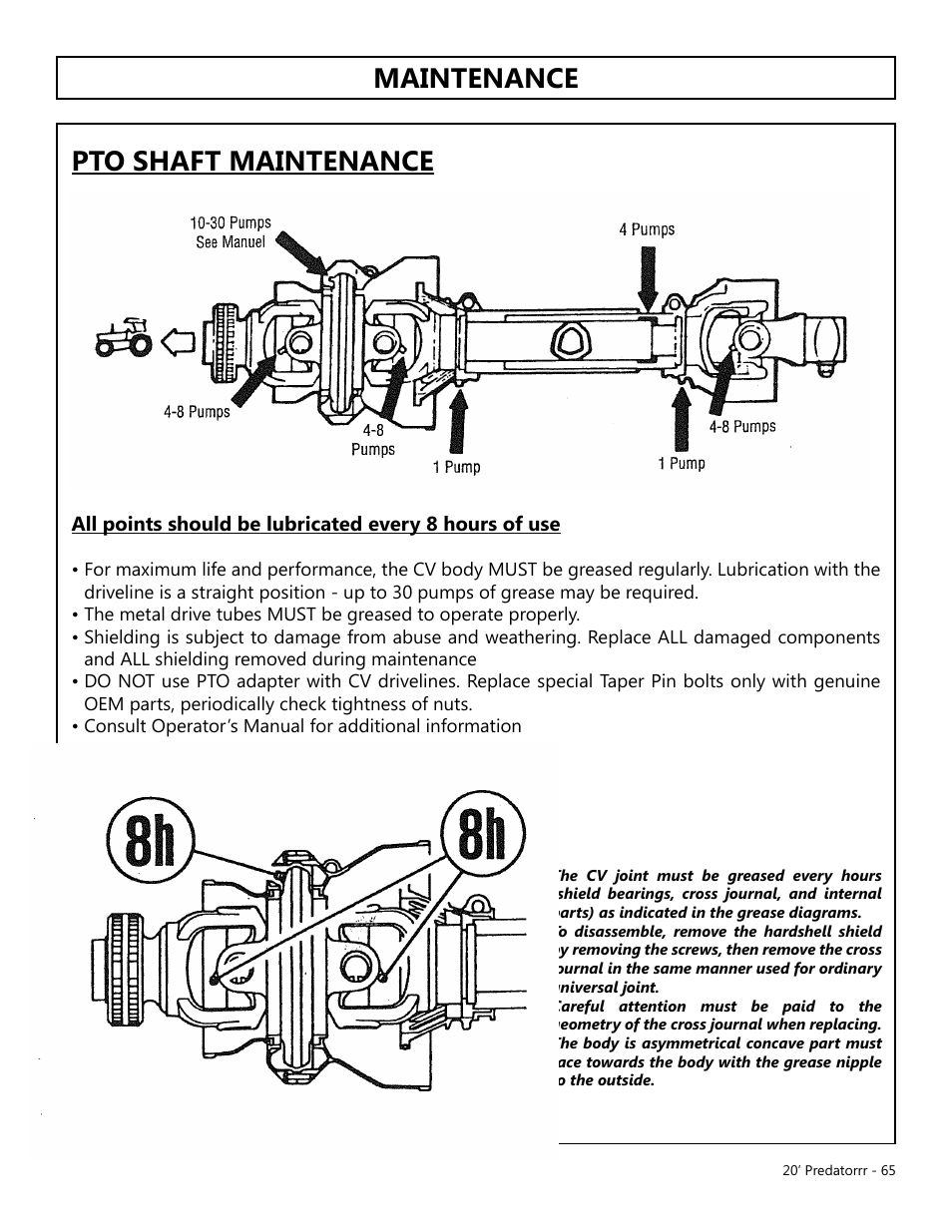 Maintenance pto shaft maintenance | Modern AG 20' Predator User Manual | Page 65 / 101