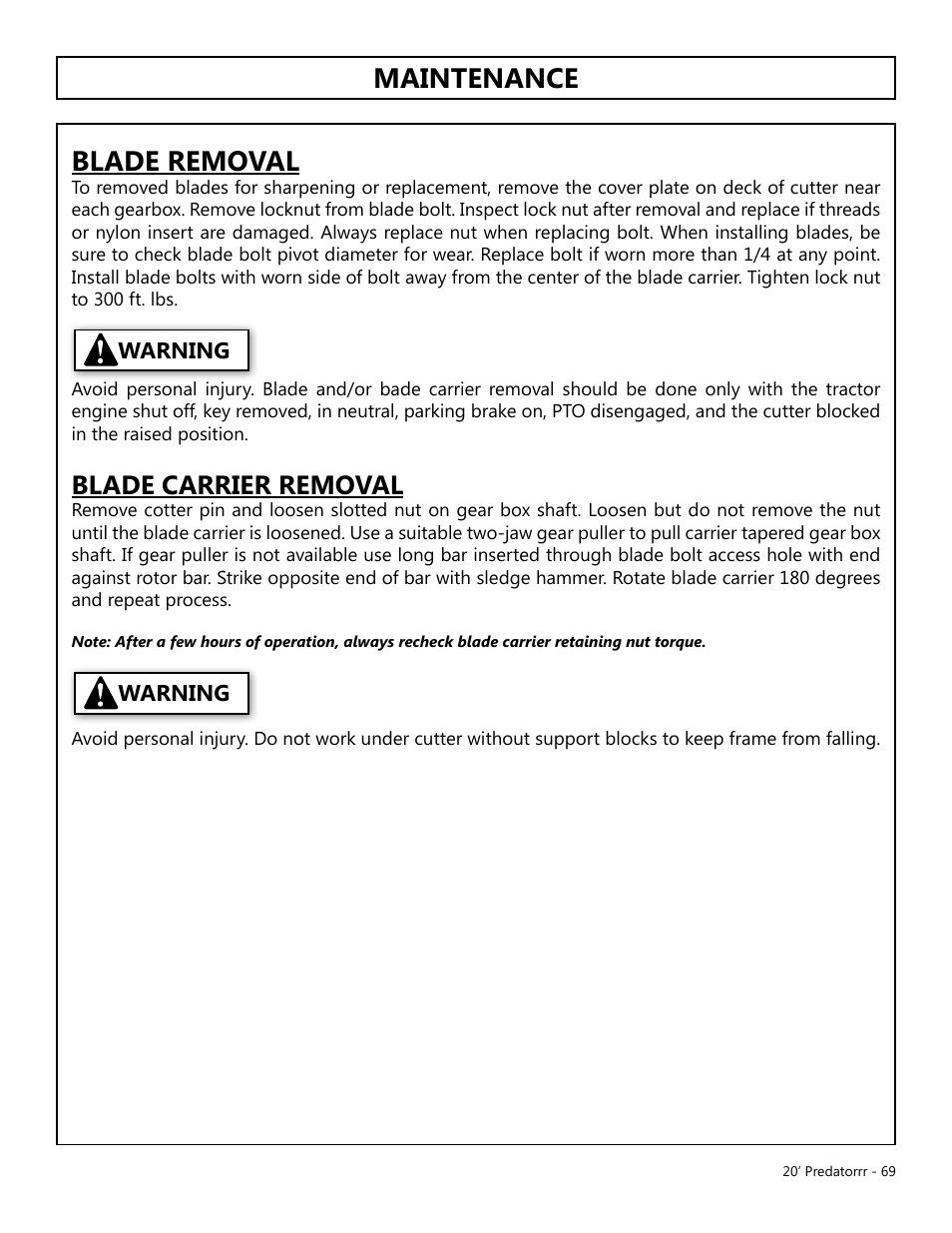 Maintenance blade removal, Blade carrier removal | Modern AG 20' Predator User Manual | Page 69 / 101