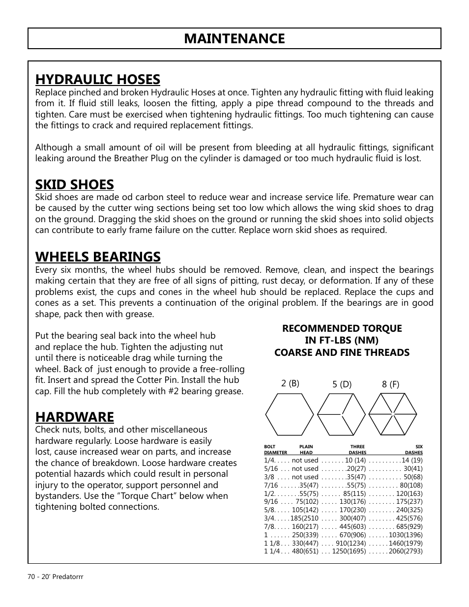 Maintenance hydraulic hoses, Skid shoes, Wheels bearings | Hardware | Modern AG 20' Predator User Manual | Page 70 / 101