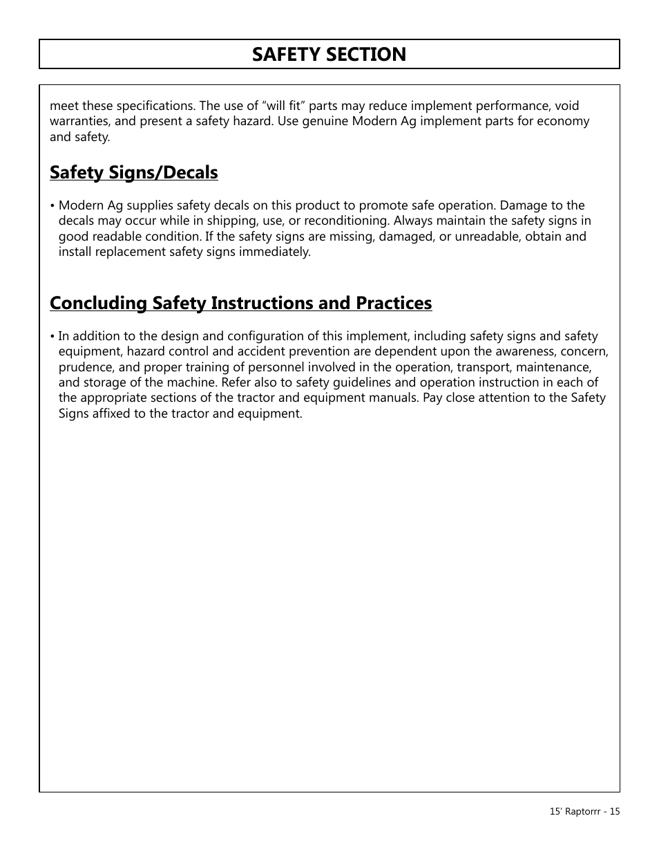 Safety signs/decals, Concluding safety instructions and practices | Modern AG 15' Raptor User Manual | Page 15 / 99